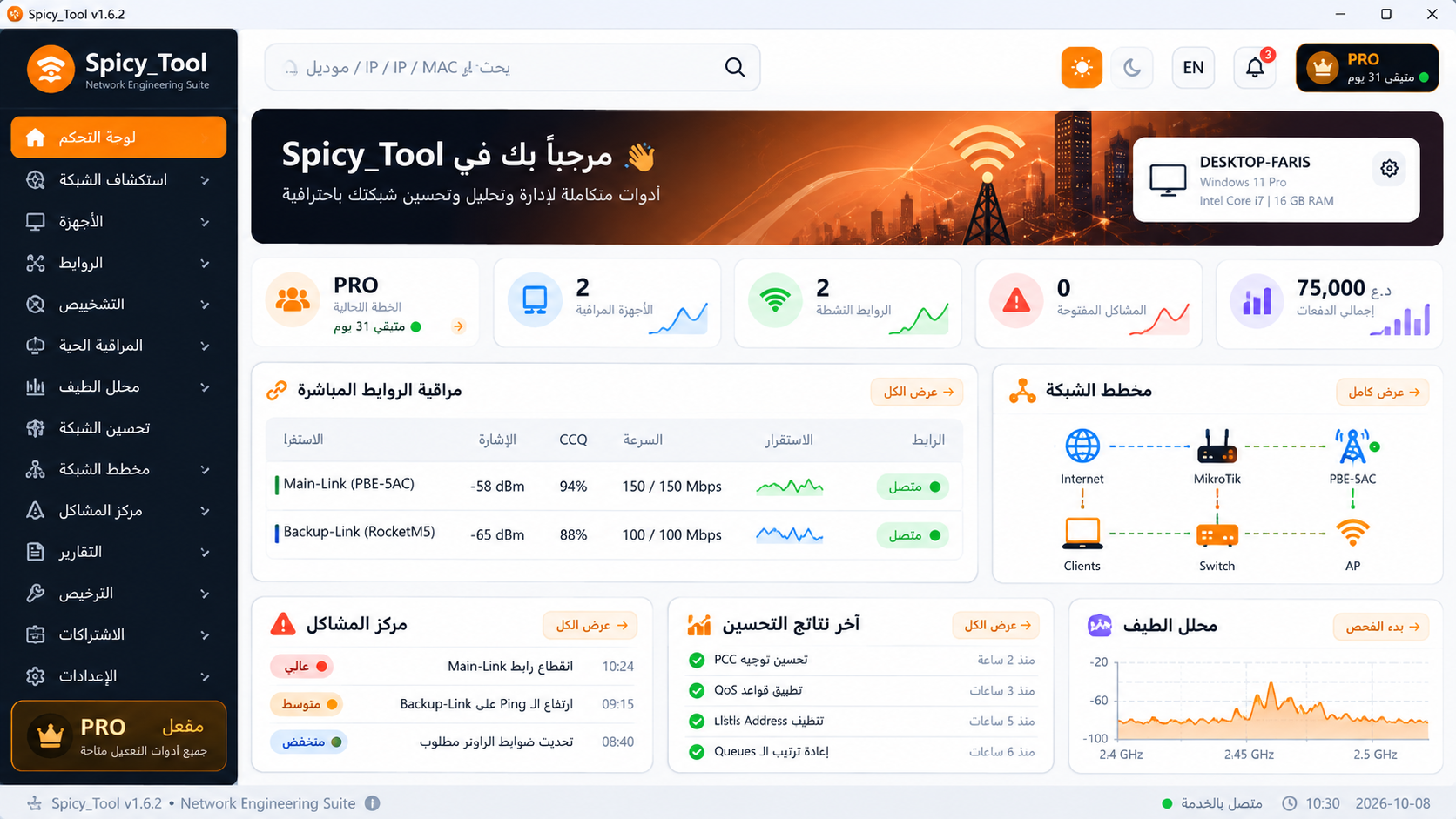 لوحة تحكم برنامج Spicy Tool لإدارة الشبكات وتحليل الترددات
